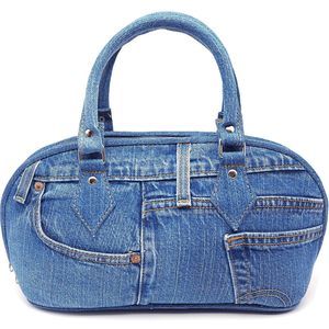 Upcycling Blue Denim Trim Curved Shape Satchel Top Handle Handbag Purse :[